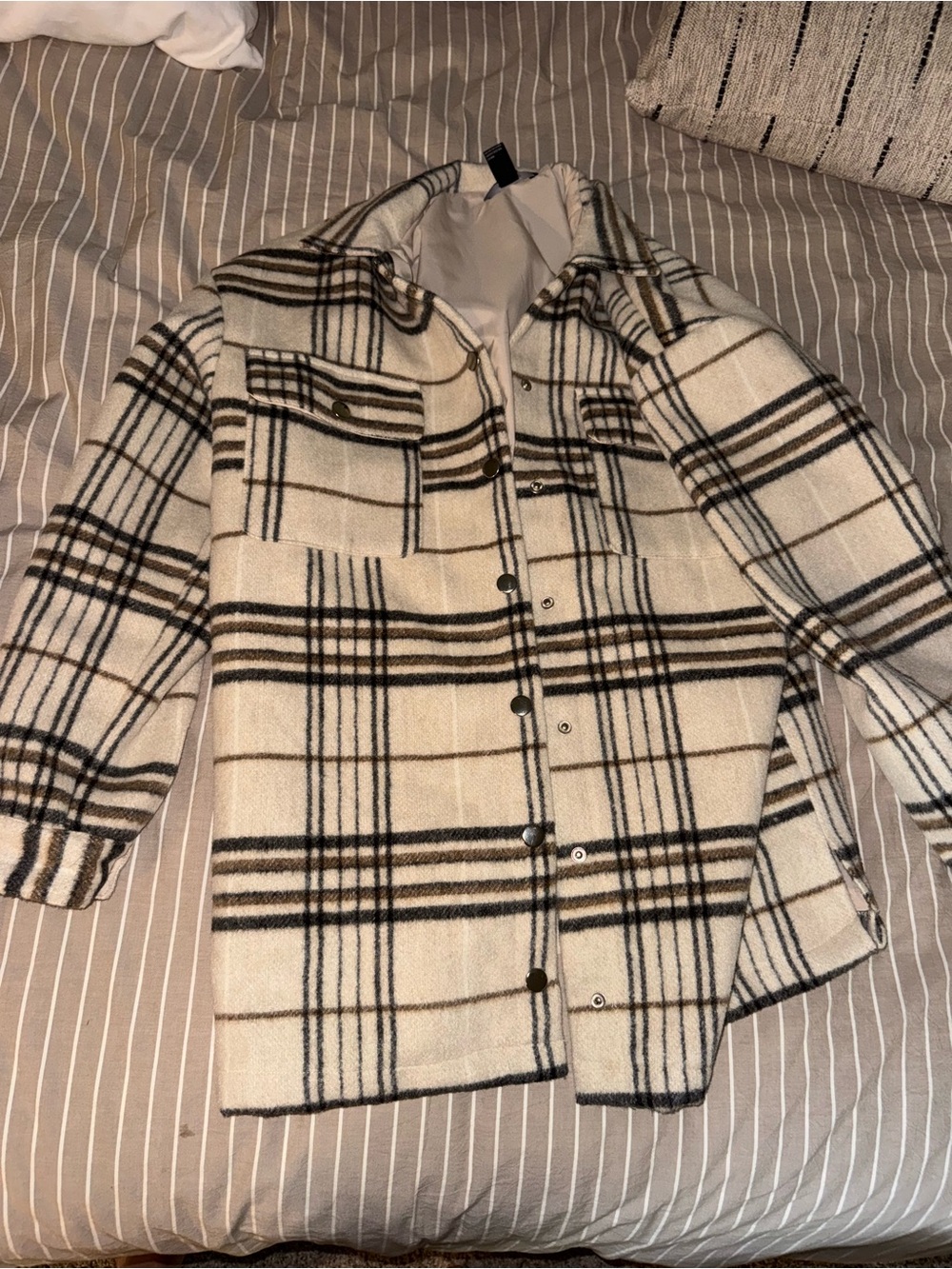 Forever 21 Cream Plaid Pea Coat with Black & Brown Windowpane
